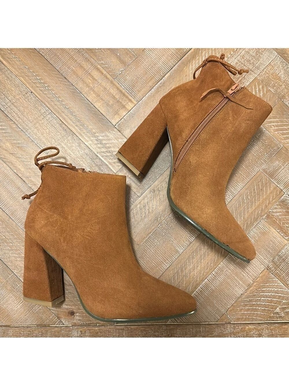 NEW Cognac Brown Suede Leather Ankle Boot Bootie with Asymmetric Block Heel
